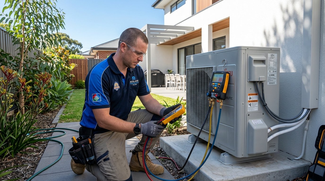 Australian air conditioning technician inspecting an outdoor condenser unit in Adelaide